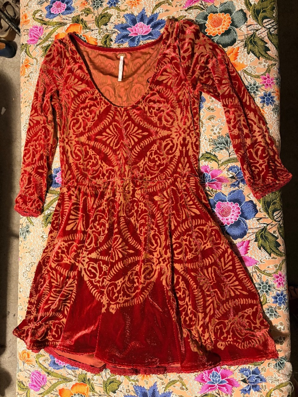 Free People fit & flare velvet embossed burgundy red mini dress XS NWOT